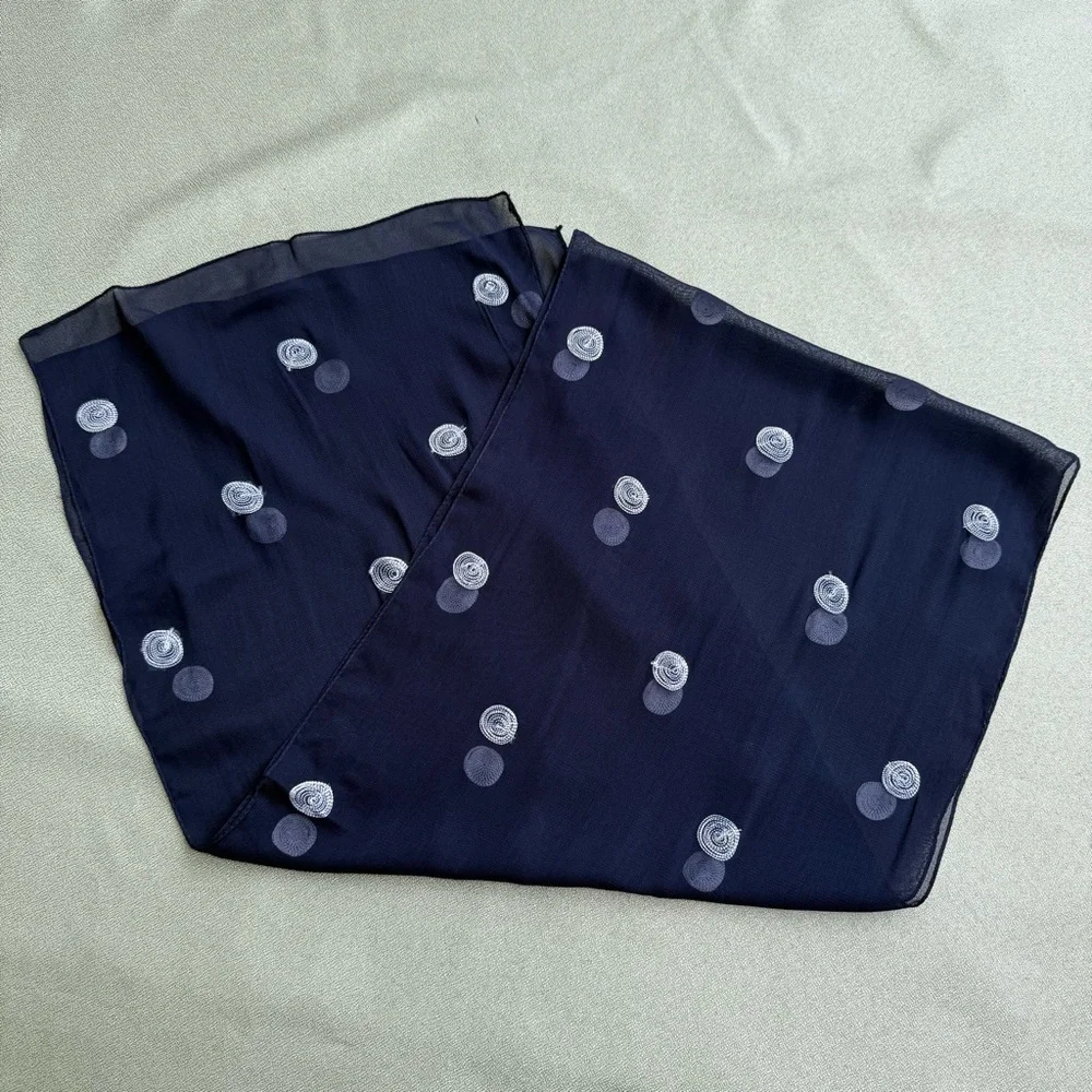 A. Brod Fashion Accessories Blue Navy White Dots Sheer Long Rayon Scarf 64 x 14
